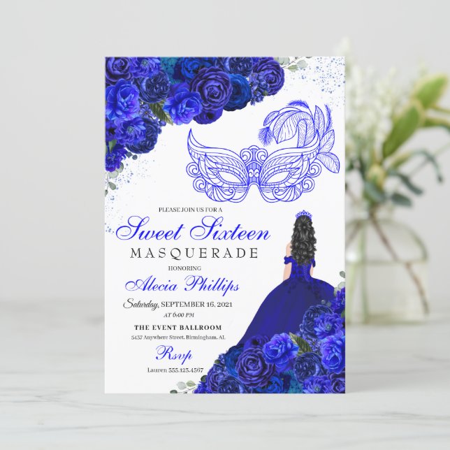 Royal Blue Floral Masquerade Sweet 16 Invitation (Standing Front)