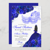 Royal Blue Floral Masquerade Sweet 16 Invitation (Front/Back)
