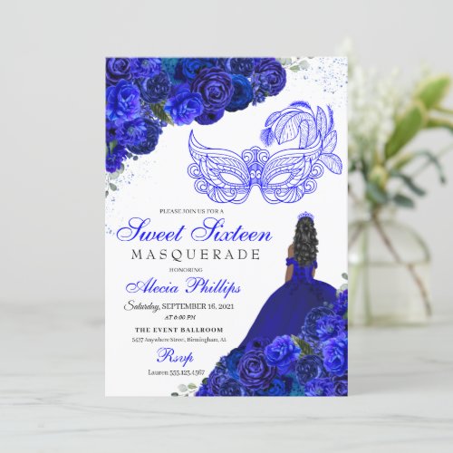 Royal Blue Floral Masquerade Sweet 16 Invitation