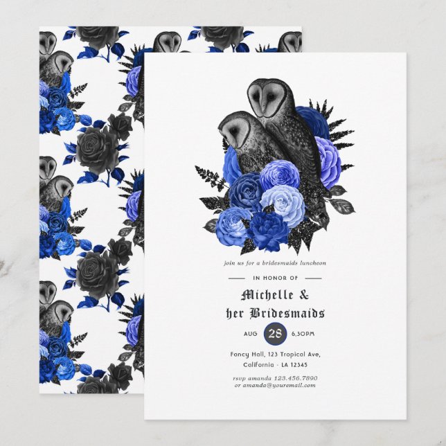 Royal Blue Floral Owls Gothic Bridesmaids Luncheon Invitation (Front/Back)