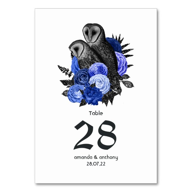 Royal Blue Floral Owls Gothic Wedding Table Number (Front)