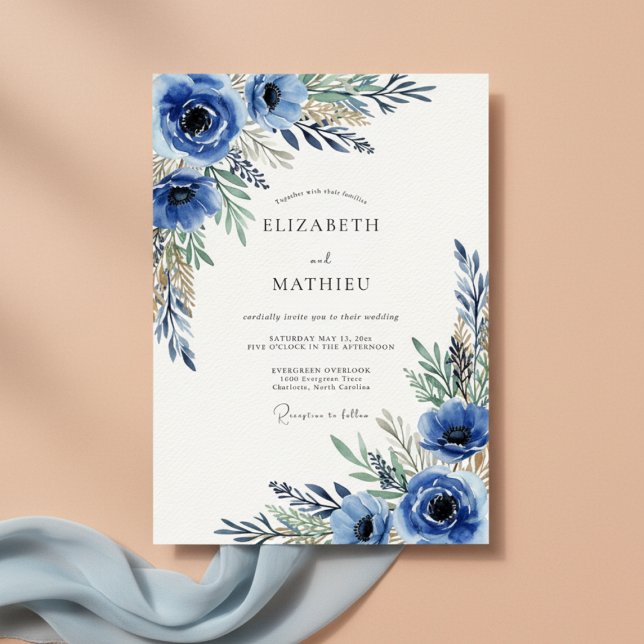 Royal Blue Floral Painterly Wedding Invitation (Creator Uploaded)
