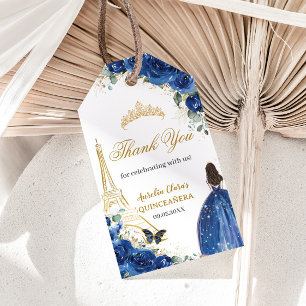 Royal Blue Floral Paris Gold Quinceañera Birthday Gift Tags