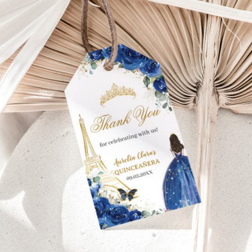 Royal Blue Floral Paris Gold Quinceaera Birthday Gift Tags