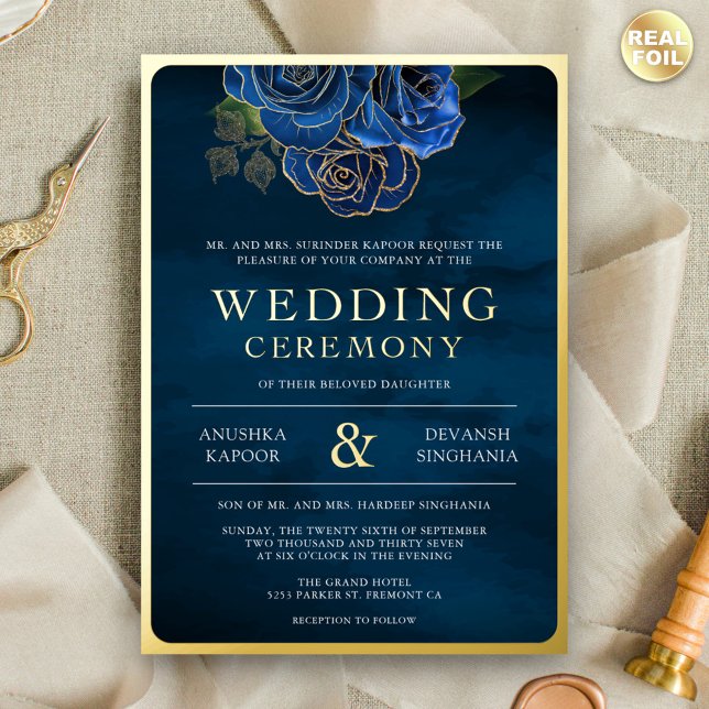 Royal Blue Floral Photo Indian Wedding Gold Foil Invitation (Creator Uploaded)