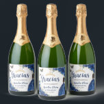 Royal Blue Floral Princess Dress Gold Quinceañera  Sparkling Wine Label<br><div class="desc">Personalize these lovely royal blue floral sparkling wine champagne bottle labels easily and quickly. Simply click the Edit Using Design Tools button to further edit the text, wording, font style, font size, font color, add more text, move or remove some images. The butterflies, quince girl and crown are movable, resizable,...</div>
