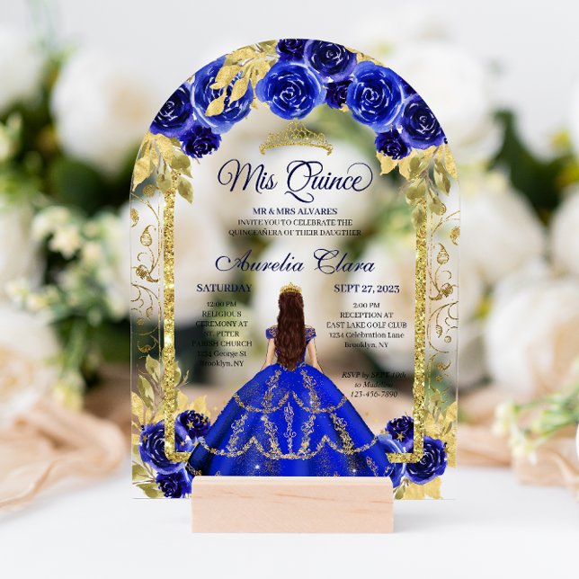 Royal Blue Floral Princess Gold Arch Quinceanera Acrylic Invitations (Creator Uploaded)