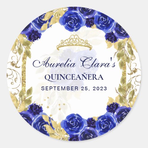 Royal Blue Floral Princess Gold Arch Quinceanera Classic Round Sticker