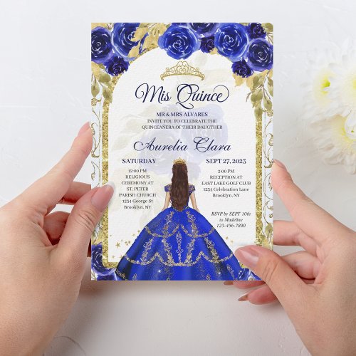 Royal Blue Floral Princess Gold Arch Quinceanera Invitation
