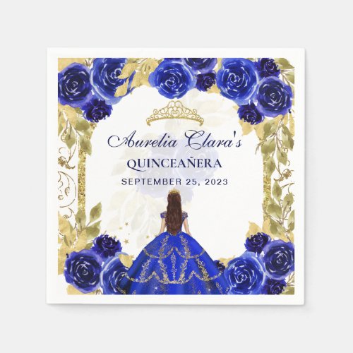 Royal Blue Floral Princess Gold Arch Quinceanera Napkins
