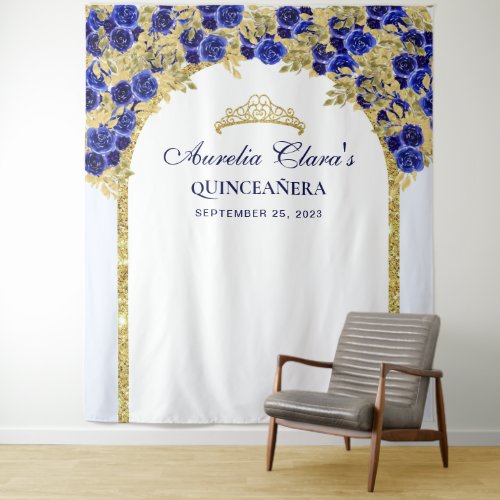 Royal Blue Floral Princess Gold Arch Quinceanera Tapestry