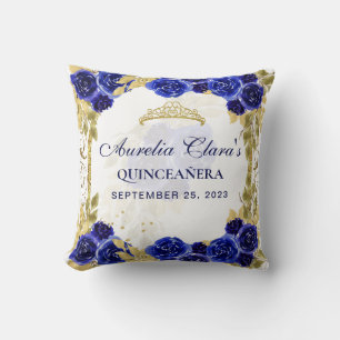 Royal Blue Floral Princess Gold Arch Quinceanera Throw Pillow