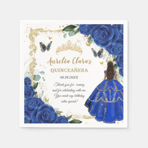 Royal Blue Floral Princess Gold Quinceañera 15 Napkins