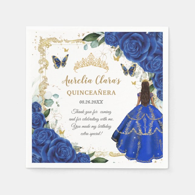 Royal Blue Floral Princess Gold Quinceañera 15 Napkins (Front)