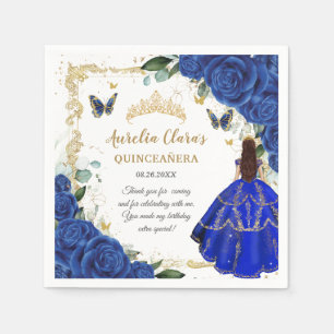 Royal Blue Floral Princess Gold Quinceañera 15 Napkins
