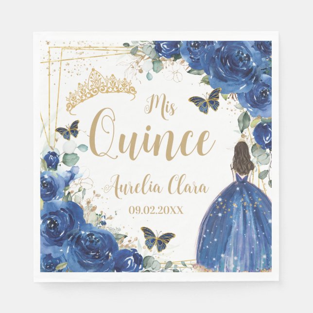 Royal Blue Floral Princess Gold Quinceañera 16 15 Napkins (Front)