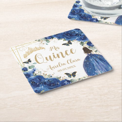 Royal Blue Floral Princess Gold Quinceaera 16 15 Square Paper Coaster