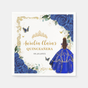 Royal Blue Floral Princess Gold Quinceanera Mis 15 Napkins