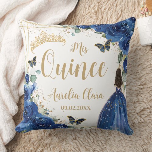 Royal Blue Floral Princess Gold Quinceaera  Throw Pillow