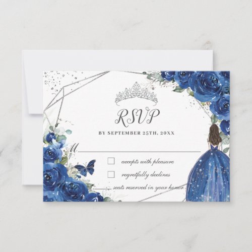 Royal Blue Floral Princess Gown Silver Quinceaera RSVP Card