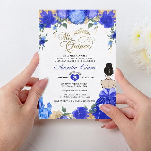 Royal Blue Floral Princess Mis Quince Quinceaera Invitation