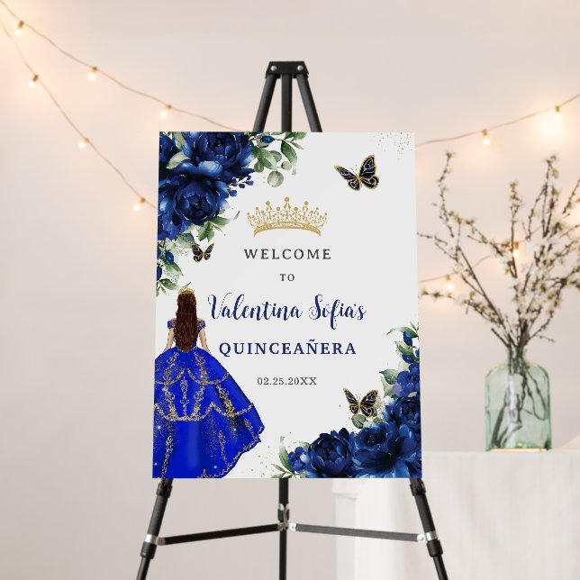 Royal Blue Floral Princess Quinceañera Welcome Foam Board (In Situ (Stand))