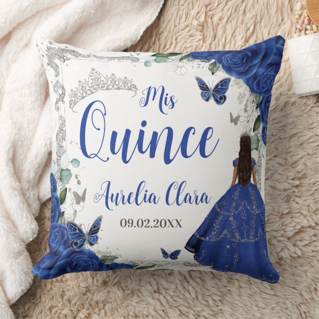 Royal Blue Floral Princess Silver 15 Quinceañera Throw Pillow (Blanket)