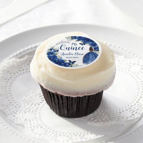 Royal Blue Floral Princess Silver Quinceaera  Edible Frosting Rounds