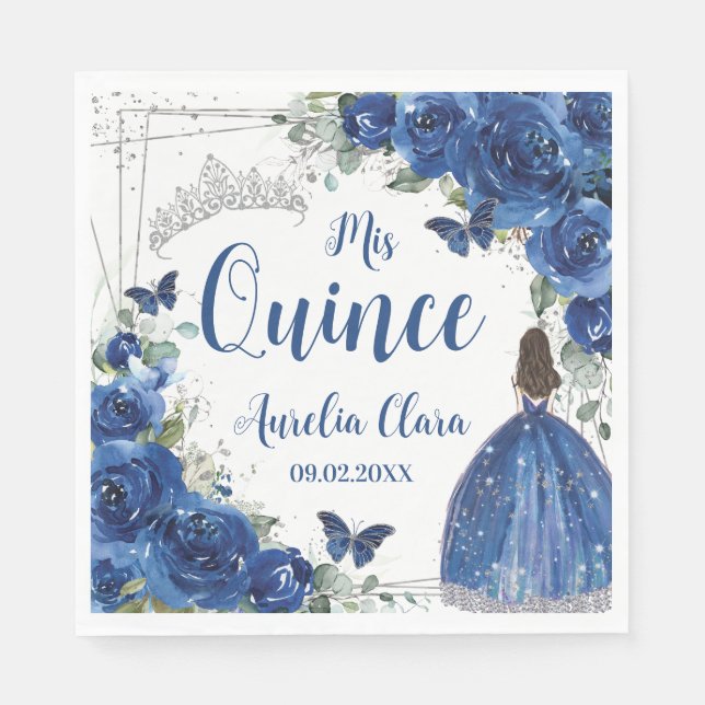 Royal Blue Floral Princess Silver Quinceañera  Napkins (Front)