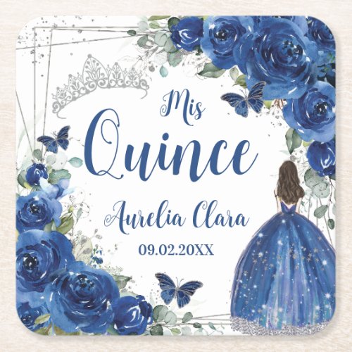 Royal Blue Floral Princess Silver Quinceaera Square Paper Coaster