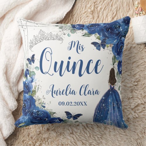 Royal Blue Floral Princess Silver Quinceaera  Throw Pillow