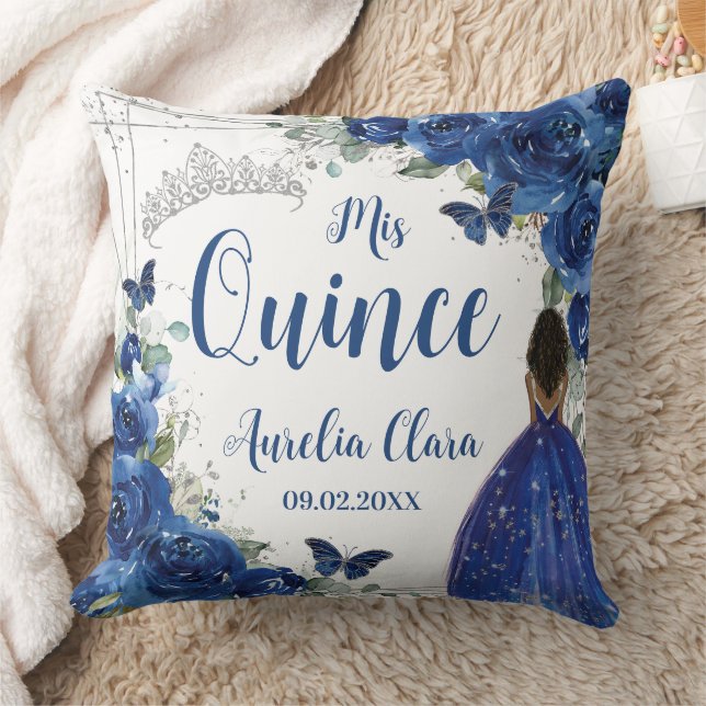 Royal Blue Floral Princess Silver Quinceañera XV Throw Pillow (Blanket)