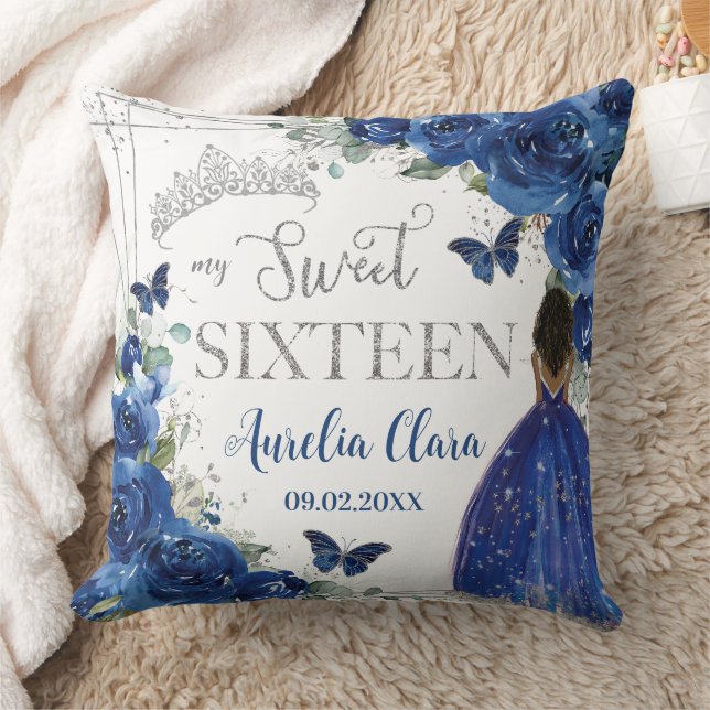 Royal Blue Floral Princess Silver Sweet Sixteen 16 Throw Pillow (Blanket)