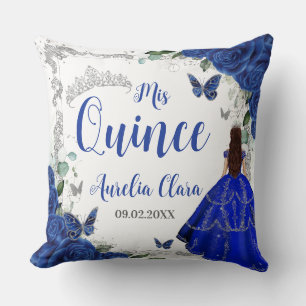 Royal Blue Floral Princess Silver XV Quinceañera Throw Pillow