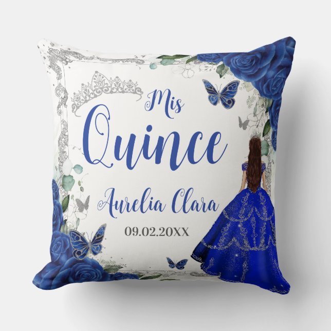 Royal Blue Floral Princess Silver XV Quinceañera Throw Pillow (Front)
