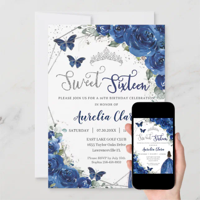 Royal Blue Floral Princess Sweet 16 Birthday Invitation | Zazzle