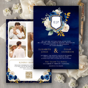 Royal Blue Floral QR Code Photo Crest Wedding Invitation