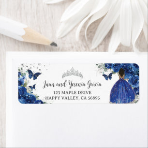 Royal Blue Floral Quinceanera 16 Return Address Label