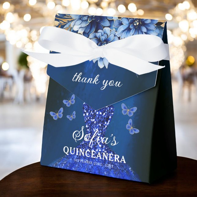 Royal Blue Floral Quinceañera Butterflies Favor Boxes (Creator Uploaded)