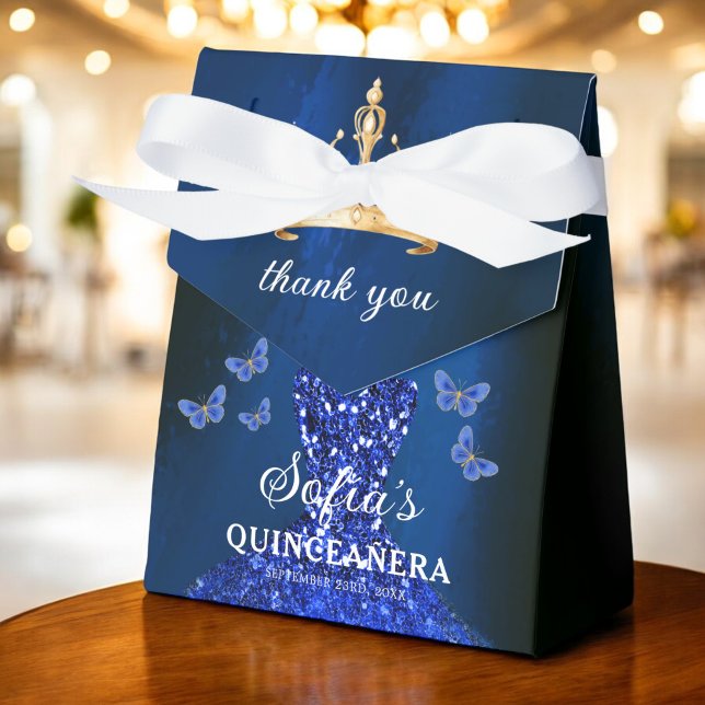 Royal Blue Floral Quinceañera Butterflies Favor Boxes (Creator Uploaded)