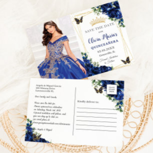 Royal Blue Floral Quinceañera Butterflies Picture Announcement Postcard