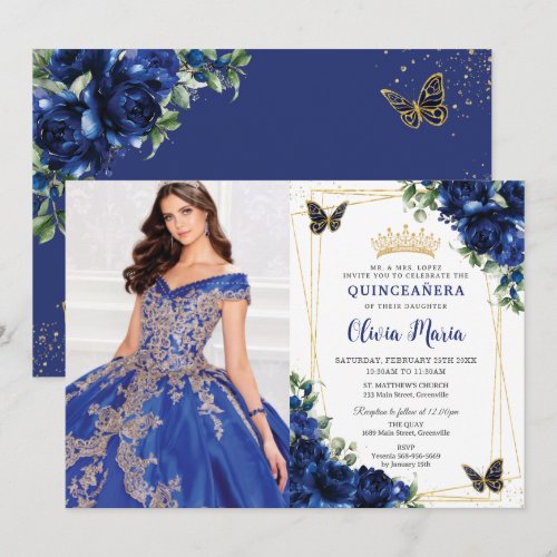 Royal Blue Floral Quinceañera Butterflies Picture