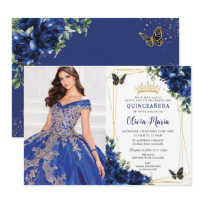 Royal Blue Floral Quinceañera Butterflies Picture Invitation