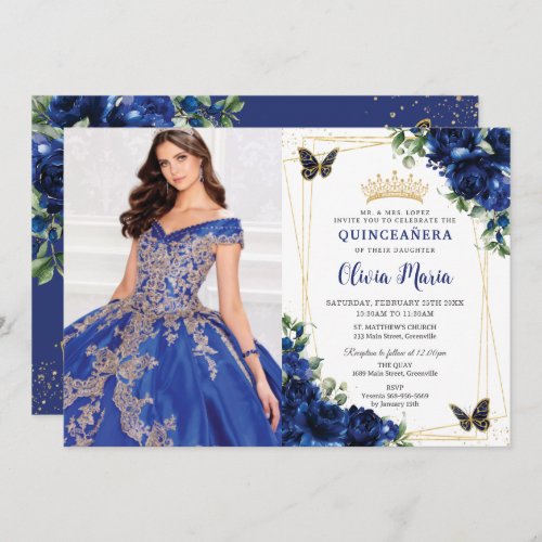 Royal Blue Floral Quinceaera Butterflies Picture Invitation