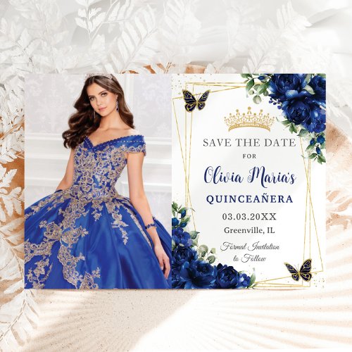 Royal Blue Floral Quinceaera Butterflies Picture Save The Date