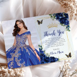 Royal Blue Floral Quinceañera Butterflies Picture Thank You Card<br><div class="desc">Personalize this pretty royal blue floral Quinceañera / Sweet 16 birthday picture / photo thank you card easily and quickly. Simply click the customize it further button to edit the texts, change fonts and fonts colors. Featuring vibrant royal blue flowers, butterflies and gold accents. The butterflies and crown are movable,...</div>