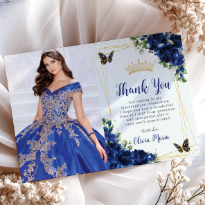 Royal Blue Floral Quinceañera Butterflies Picture Thank You Card