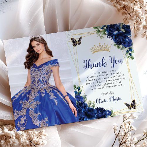 Royal Blue Floral Quinceaera Butterflies Picture Thank You Card