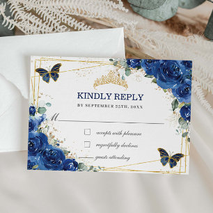 Royal Blue Floral Quinceañera Butterflies Reply RSVP Card