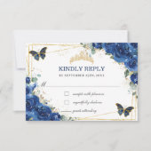 Royal Blue Floral Quinceañera Butterflies Reply  RSVP Card (Front)